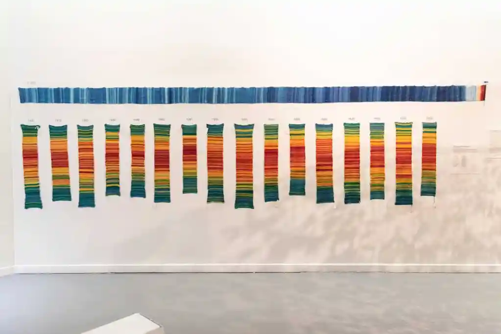 Tempestry Project installation showing knitted panels representing years of temperature data